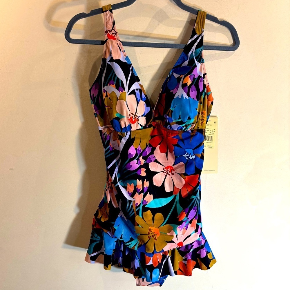 PROFILE BY GOTTEX Sz 14D One Piece Bathing Suit Floral Ruffle Hem Padded Bra NEW